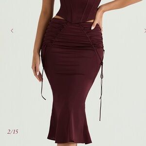 NWT House of Cb Sidonie Wine Satin Lace Up Midi Skirt - size xs